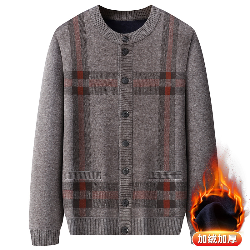 中老年男士开衫爸爸毛衣加绒加厚针织衫外套老年人爷爷保暖毛线衫